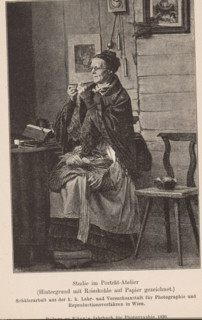 Studio portrait of an unknown seamstress, page, photomechanical print, inscription: 'Studio im