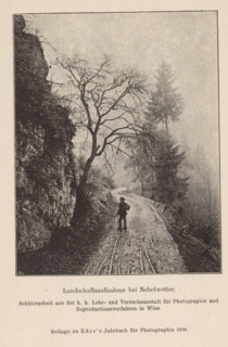 Fog landscape with figure on the road, page, photomechanical print, monogram: 'AC', inscription: