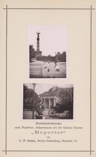 Two street views in Berlin, one with the Victory Column, page, photomechanical print, inscription: