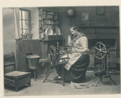 Woman at spinning wheel, Spinning, page, photomechanical print, photographer: John William Anckorn,