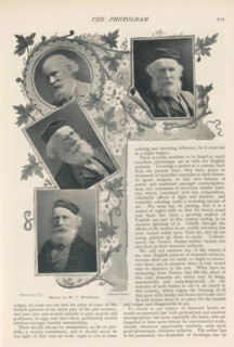 Photomontage of four portraits of unknown men with an illustration by WT Whitehead, page,