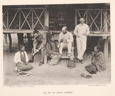 The way we learned Burmese, Three men with books and three women from Burma in front of a house,