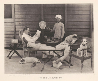Two seated men and a boy with a fan behind them, The long, long Burmese day, page, photomechanical