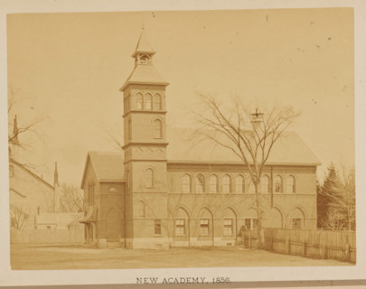 New Academy. 1856, View of the second location of the Friends Academy in New Bedford,