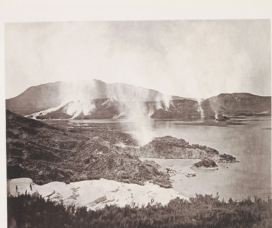 View of Lake Rotomahana and the Pink Terraces, page, photomechanical print, photographer: Daniel