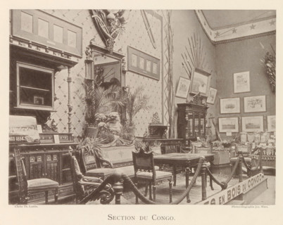 Exhibition of wooden furniture from Congo at the world exhibition in Antwerp, Section du Congo,