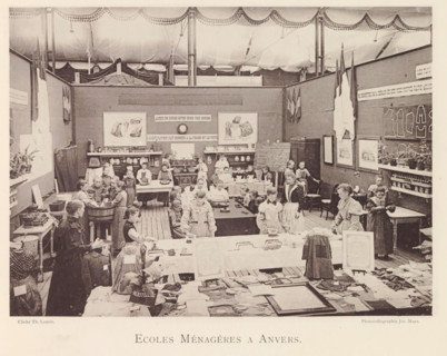 Girls and women in a studio of the domestic science school during the world exhibition in Antwerp,