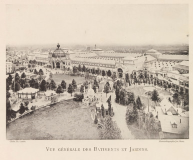 Vue générale des batiments et jardins, View of the world exhibition in Antwerp, page,