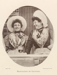 Portrait of two waffle sellers in Antwerp, Marchandes de gauffres, page, photomechanical print,