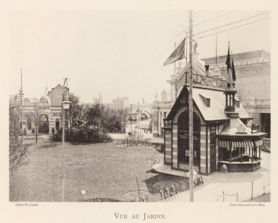 Vue au jardin, Garden on the grounds of the world exhibition in Antwerp, page, photomechanical