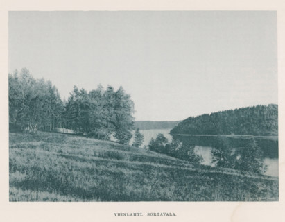 View of a river in a landscape with trees, Yhinlahti Sortavalan, page, photomechanical print,