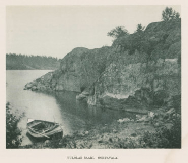 View of an empty moored rowboat, Tulolan saari. Sortavalan, page, photomechanical print,