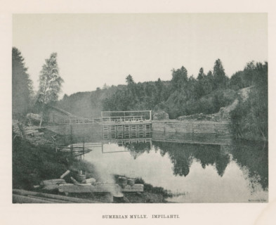Sumerian Mylly. Impilahti, View of waterworks in a river, page, photomechanical print,