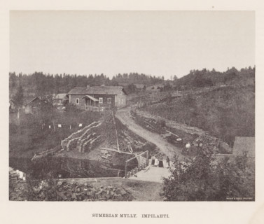 View of a path through a hilly landscape with houses, Sumerian mylly. Impilahti, page,