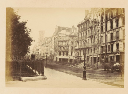 View of destroyed buildings on Rue St Martin, Rue St Martin, photograph, page, Paris, 1871,