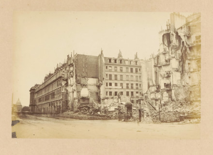 View of destroyed buildings on the Rue du Faubourg Saint-Honoré and the Rue Royale, Fabourg St