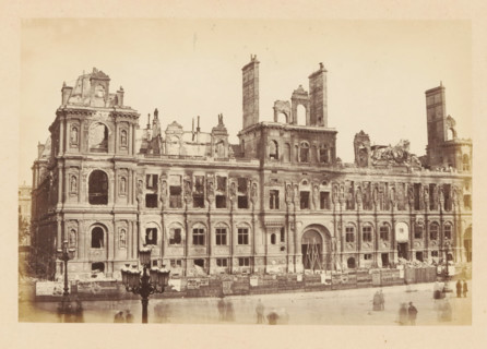 City Hall, View of the ruined Paris City Hall, photograph, page, 1871, photographer, Paris, paper,