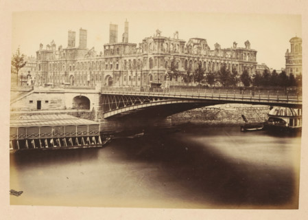 View of the destroyed Paris City Hall from the other side of the Seine, Hotel de ville, photograph,