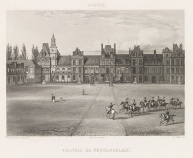 Courtyard of the Castle of Fontainebleau, Chateau de Fontainebleau, France, print, page,