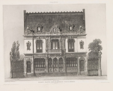 Photo reproduction of a print depicting the facade of a house on the Rue Saint Georges in Paris,
