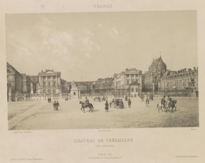 Chateau de Versailles cour d'honneur, View of the Palace of Versailles, France, print, page,