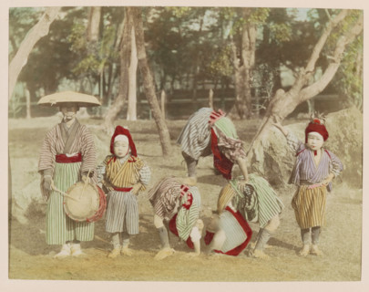 Child acrobats and their attendant in a park, photograph, page, Japan, c. 1887 - in or before 1897,