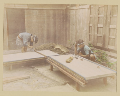 Two mat makers at work, photograph, page, Japan, c. 1887 - in or before 1897, photographer, colorer