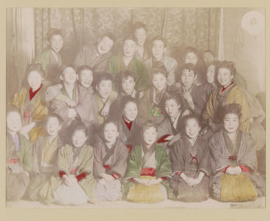 Group portrait of laughing boys and girls, photograph, page, Japan, c. 1887 - in or before 1897,
