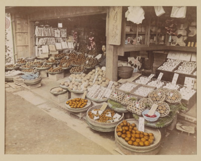 Display of foodstuffs at a shop, photograph, page, Japan, c. 1887 - in or before 1897,