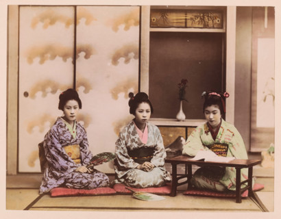 Three seated geishas in an interior, photograph, page, Japan, c. 1887 - in or before 1897,
