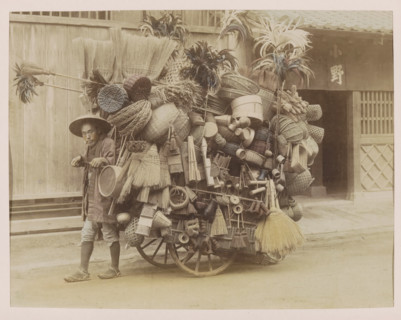 Itinerant merchant with a handcart and merchandise, photograph, page, Japan, c. 1887 - in or before