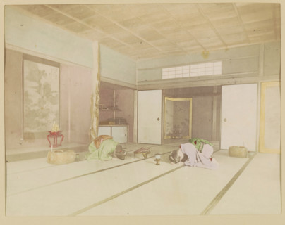 Two women greet each other with a bow in an interior, photograph, page, Japan, c. 1887 - in or