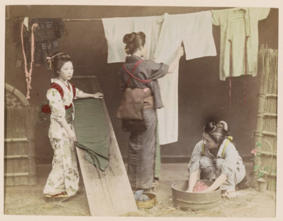 Three women washing kimonos, photograph, page, photographer: attributed to Kusakabe Kimbei, Japan,