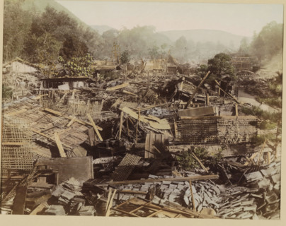 View of a village destroyed by an earthquake, photograph, page, Japan, c. 1888 - in or before 1898,