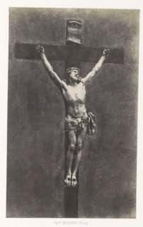 Ivory crucifix from the cathedral of Le Puy, Christ en ivoire, photograph, page, inscription: