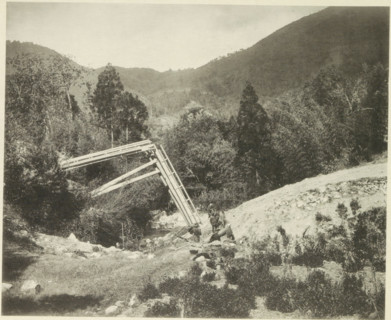 Destroyed bridge in the Neo Valley in Japan after an earthquake, page, photomechanical print,