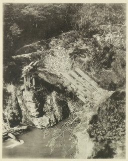 View of a destroyed bridge in the Neo Valley in Japan after an earthquake, page, photomechanical