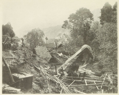 Destroyed houses in the Neo Valley in Japan after an earthquake, page, photomechanical print,
