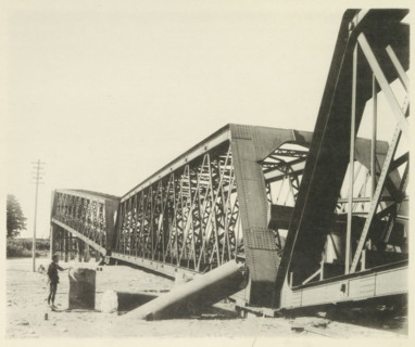 Collapsed railway bridge over the Nagara River in Japan after an earthquake, page, photomechanical
