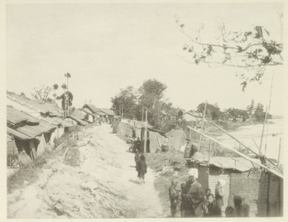 Temporary housing along the Biwajima River in Japan, page, photomechanical print, Japan, cliché