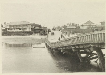 Collapsed bridge over the Biwajima River in Japan, page, photomechanical print, Japan, cliché
