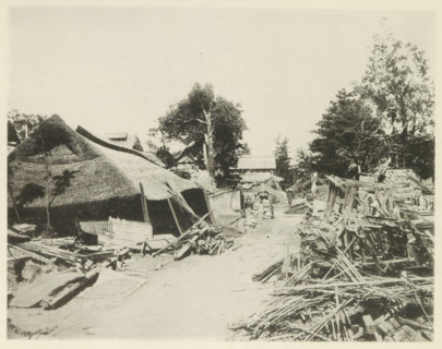 Destroyed buildings along the road to Gifu, page, photomechanical print, Japan, cliché maker: