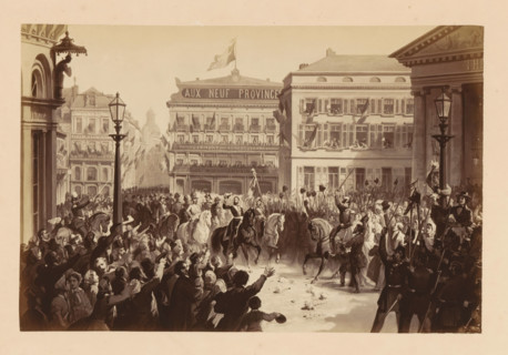 Photo reproduction of a design of the arrival of Léopold II of Belgium at Place de la Monnaie in