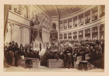Photographic reproduction of a design of Léopold II of Belgium taking the oath during his