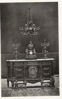 Chest of drawers with a clock and two candlesticks in Louis XVI style, page, photomechanical print,