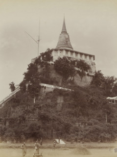 Monks at the foot of the tower of the Wat Saket temple in Bangkok, album page, photograph, Part of