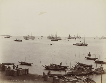 Harbour, S.pore, Ships and rowboats in the harbour of Singapore, album page, photograph, Part of