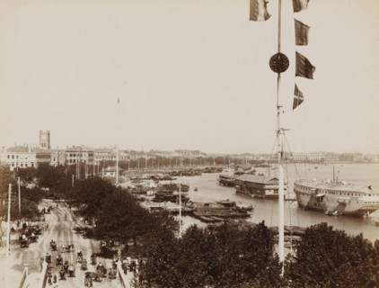 View of the Bund waterfront with three opium ships in Shanghai, album page, photograph, Part of