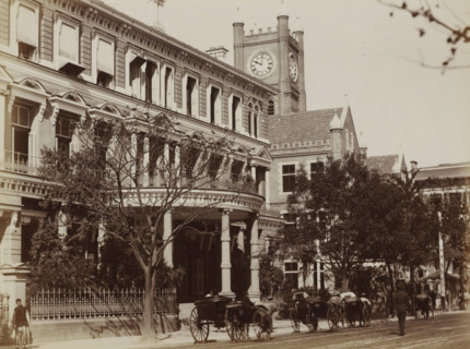 Exterior of the Hong Kong-Shanghai Bank on the Bund in Shanghai, album page, photograph, Part of