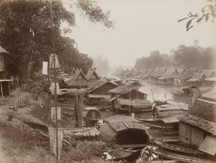Boats at the quay of a waterway in Bangkok, album page, photograph, Part of Album with 50 photos of